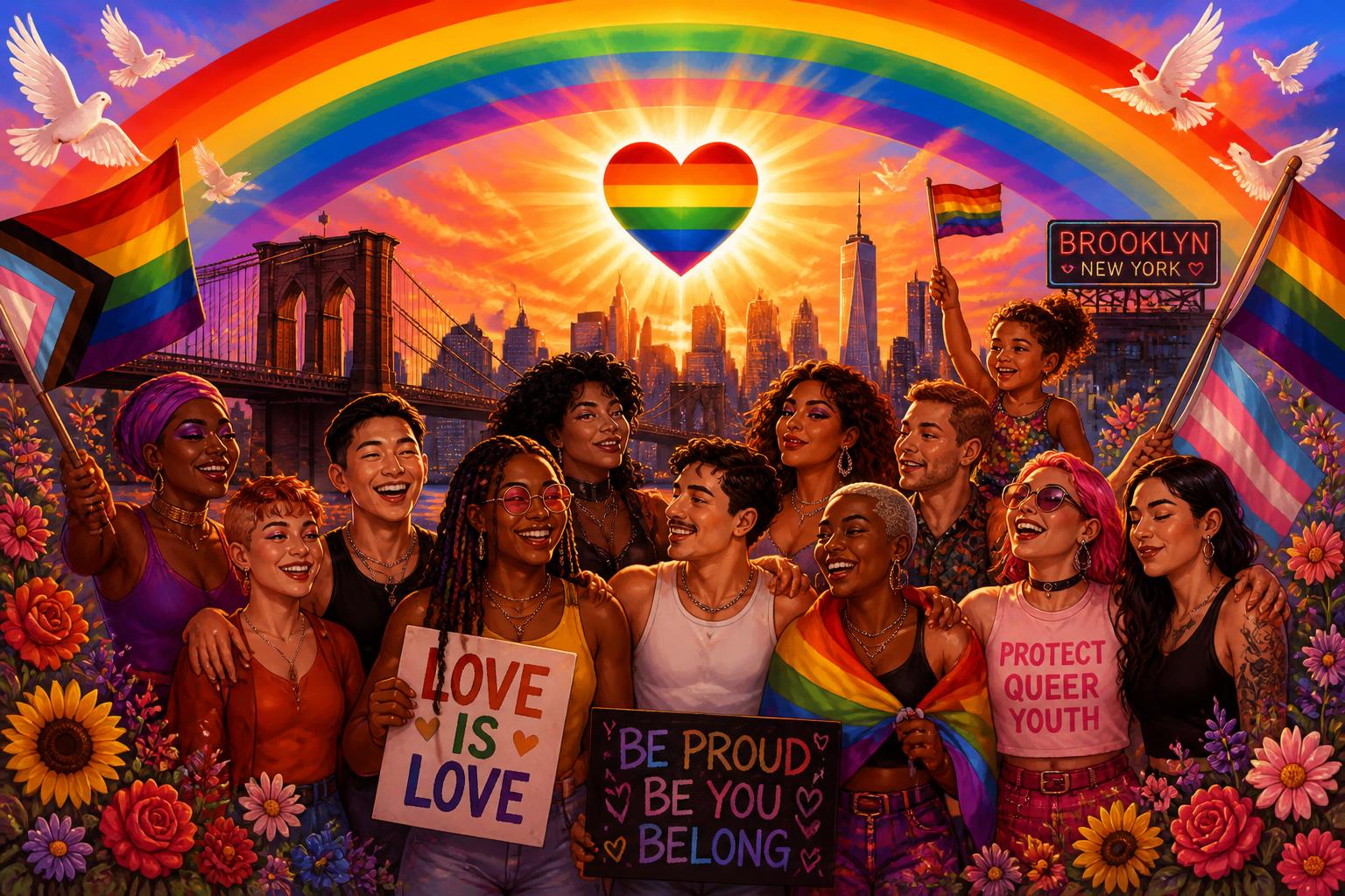 Diverse joyful community under a rainbow over the Brooklyn skyline
